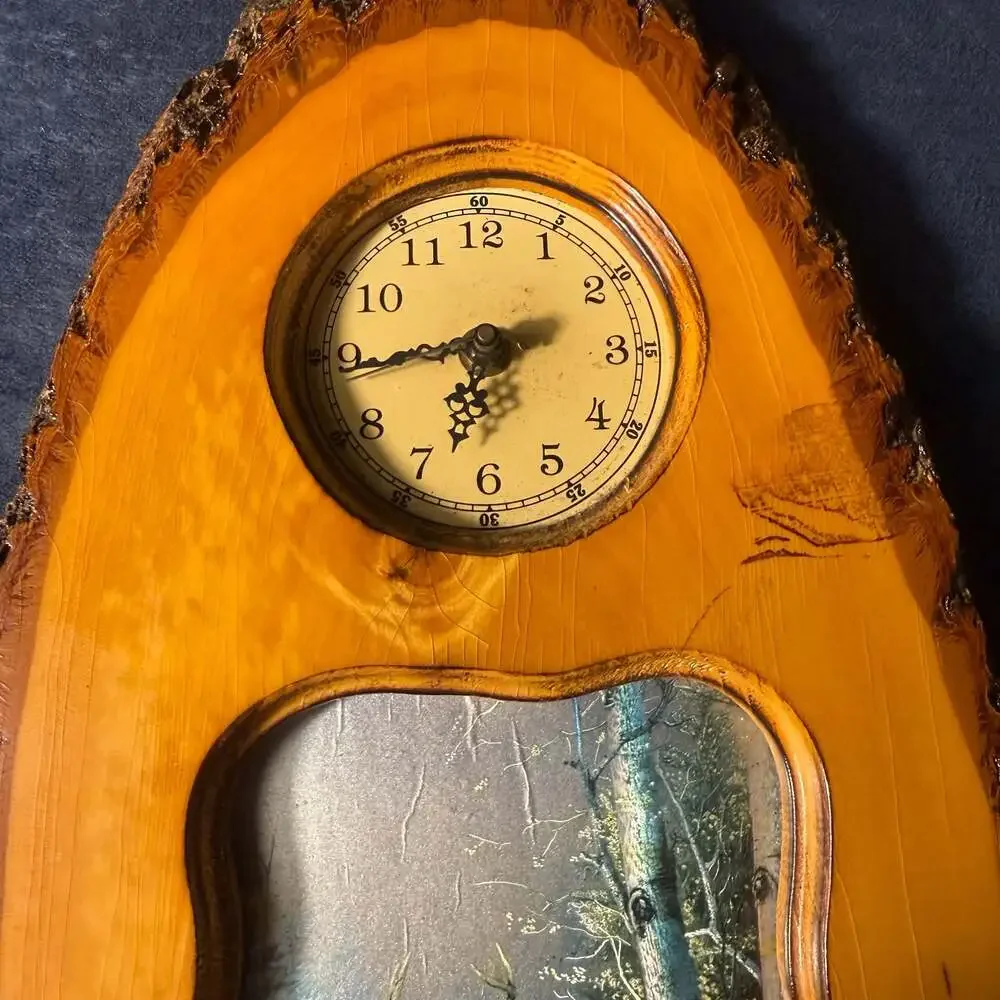 Vintage Live Edge Wood Slab Wall Plaque with Deer Print and Clock